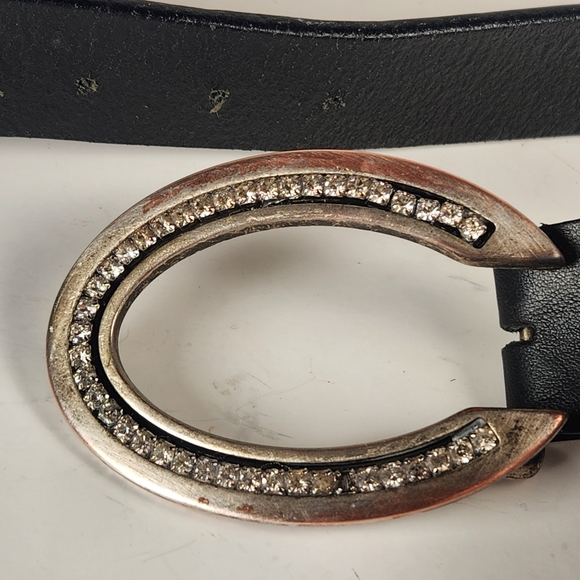 FIRENZE Belt Size 32 Black Leather Made Italy Horseshoe Buckle Rhinestones - Picture 9 of 11